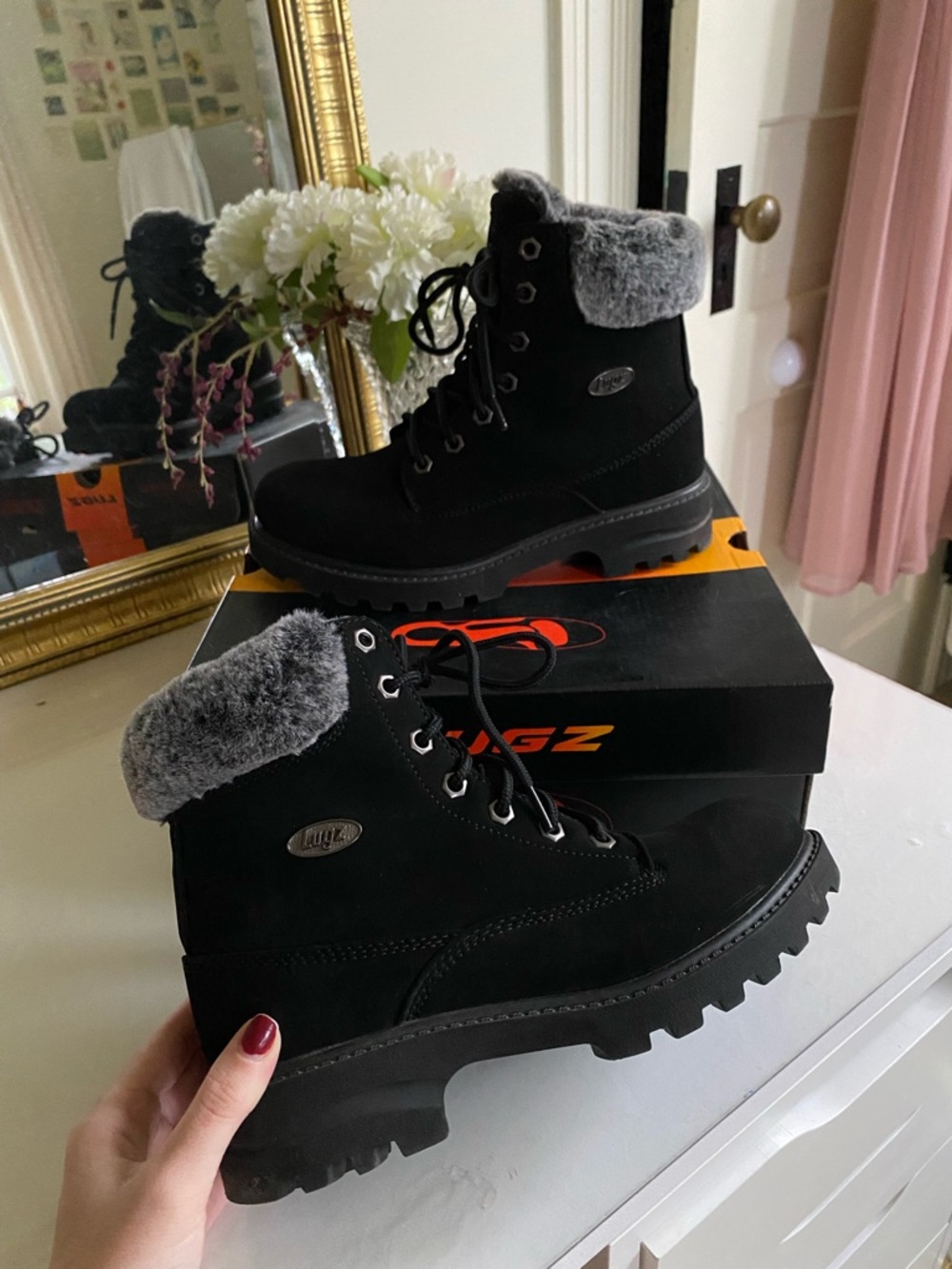 Lugz Empire Hi Fur Black Lace-Up Winter Boots, 7.5